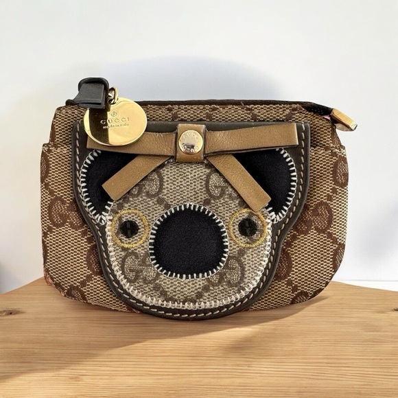 Authentic GUCCI Tan GG Monogram Canvas & Brown Leather Teddy Bear Card Holder - Picture 13 of 16